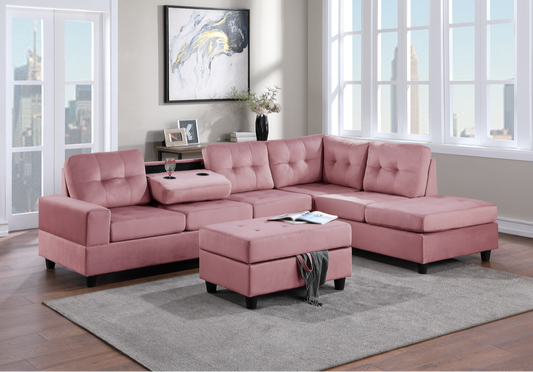 23Heights Sectional + Storage Ottoman - Pink Velvet