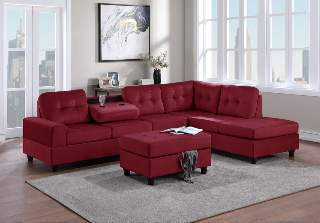 24Heights Sectional + Storage Ottoman - Red Velvet